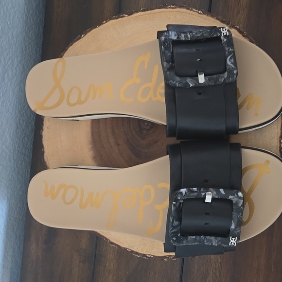 SAM EDELMAN Ariane Black Leather Slide Adjustable Sandals w/ Buckle SZ 9.5 - Picture 4 of 10